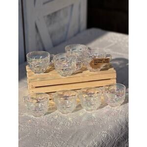 Vintage 60s Federal Glass Iridescent Punch Cup Set: 8 Rainbow Luster Thumbprint